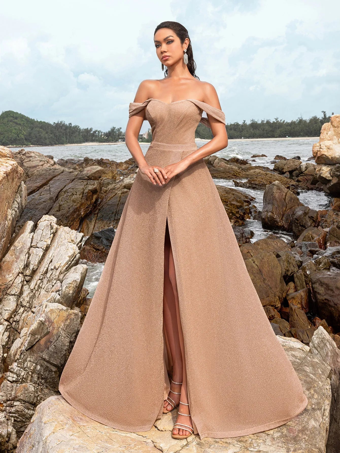 Glitter Off Shoulder A Line Split Thigh Evening Dress