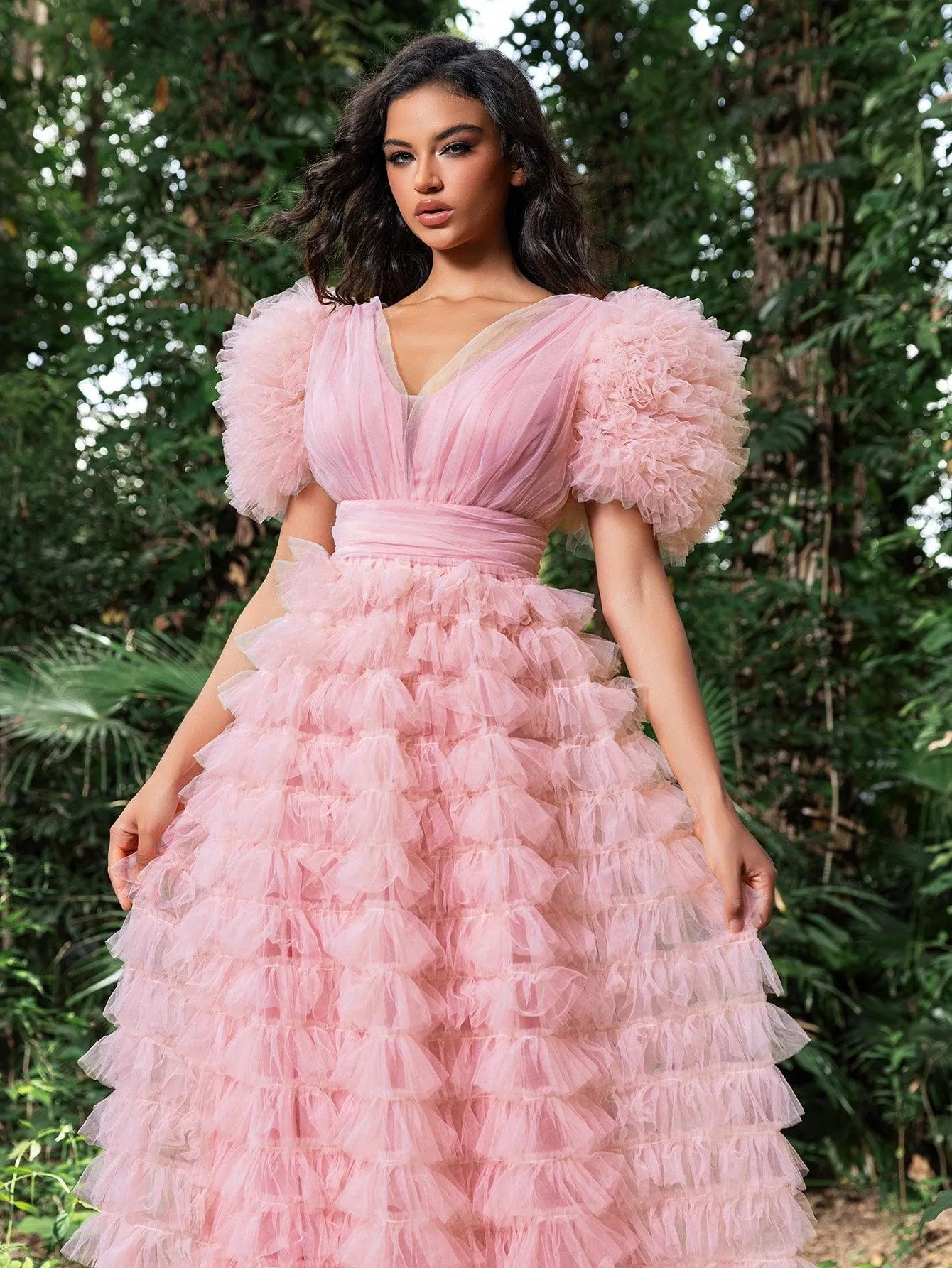 Ruffle Trim V Neck Puff Sleeves Cake Prom Dress