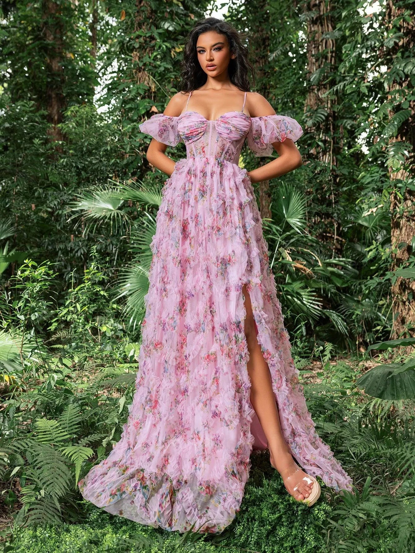 Floral Tulle Off Shoulder Cascading Ruffle Hem Slip Prom Dress