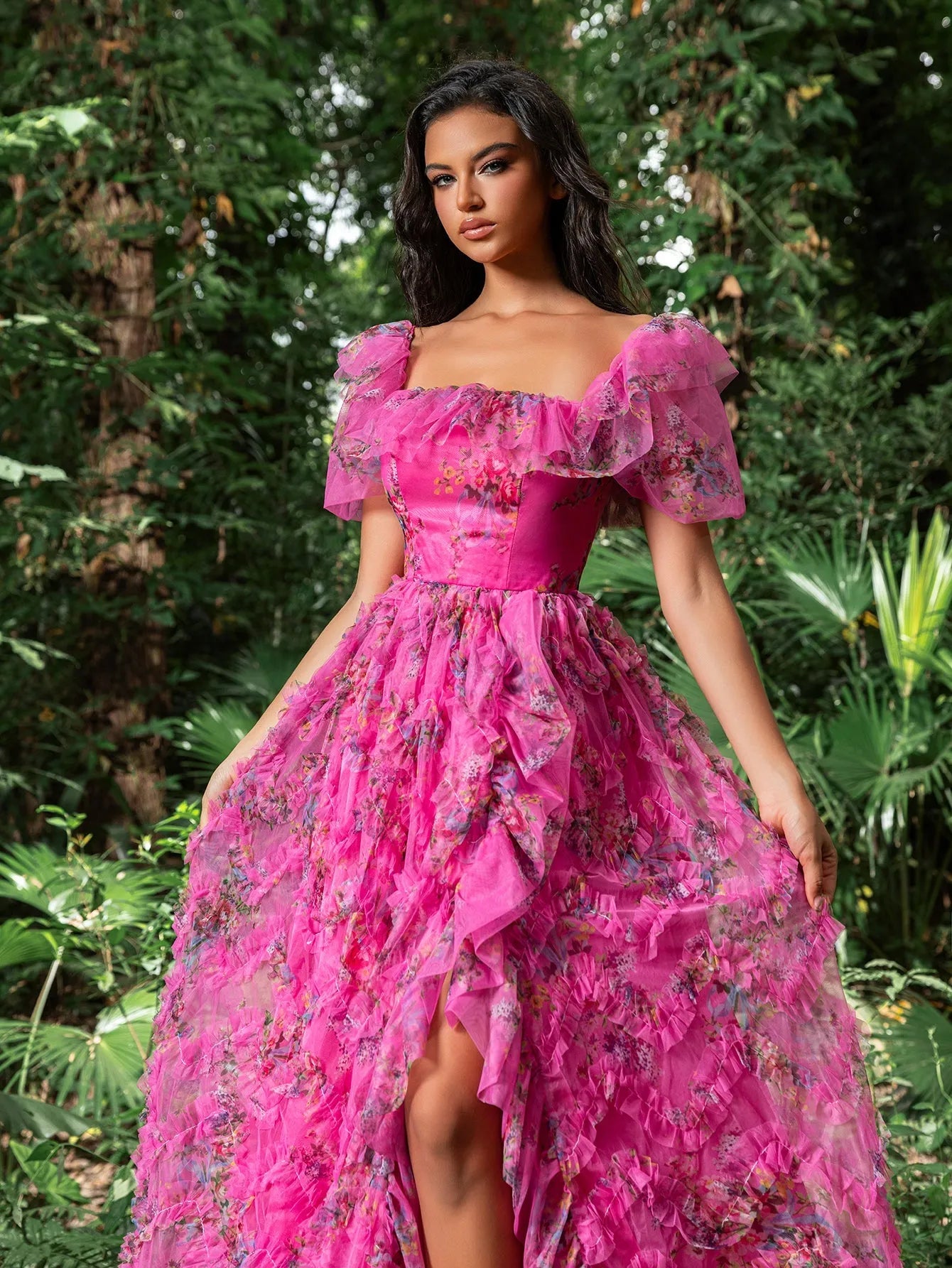 Elegant Ruffle Trim Puff Sleeves Floral Organza Prom Dress