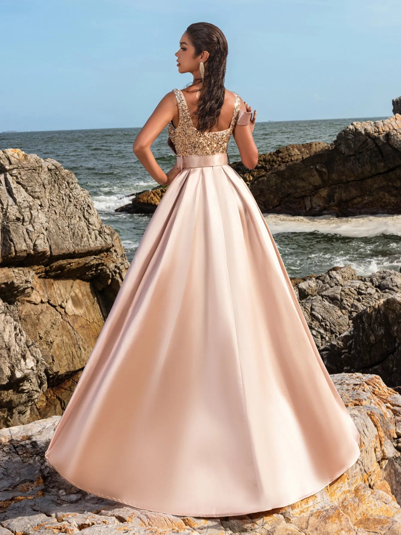 Elegant Square Collar Buckle Belted Split Satin Prom Dress