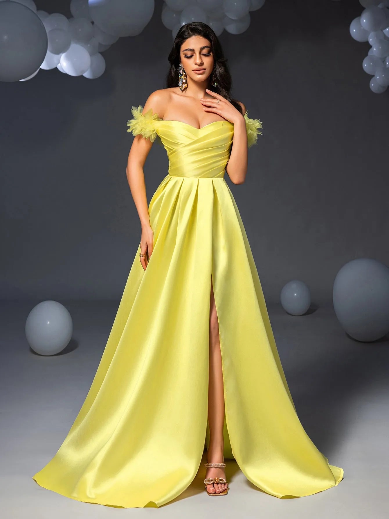 Elegant Off Shoulder Ruched Front Split Satin Prom Dress