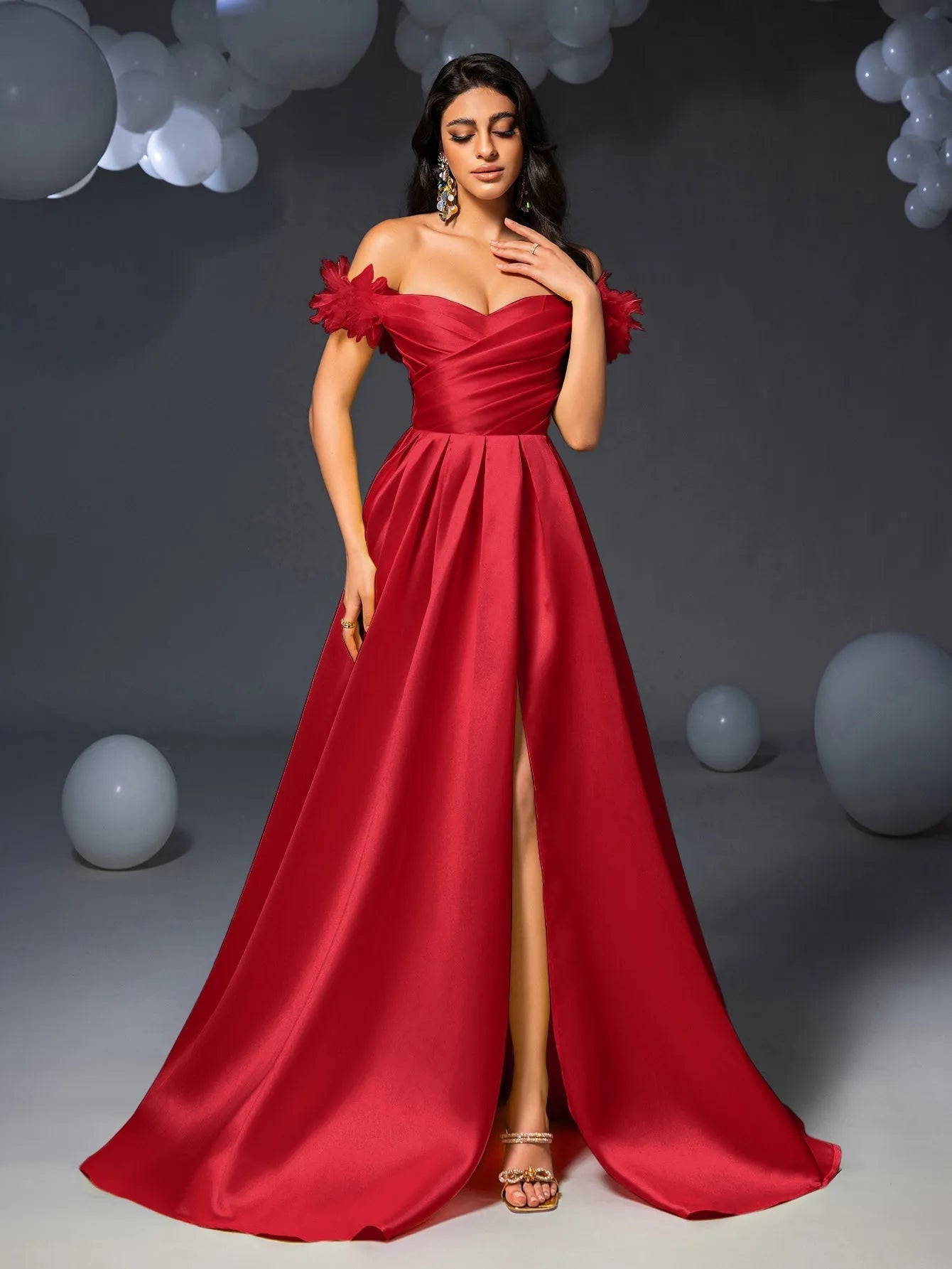 Elegant Off Shoulder Ruched Front Split Satin Prom Dress