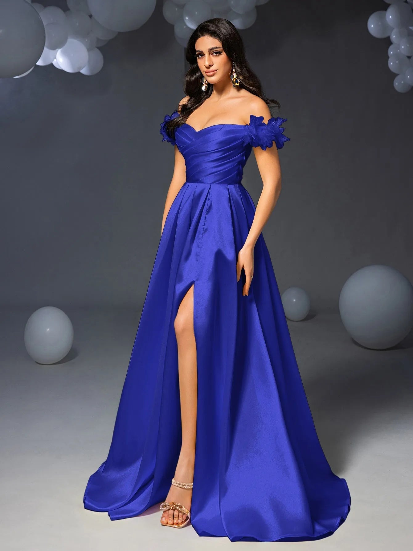 Elegant Off Shoulder Ruched Front Split Satin Prom Dress