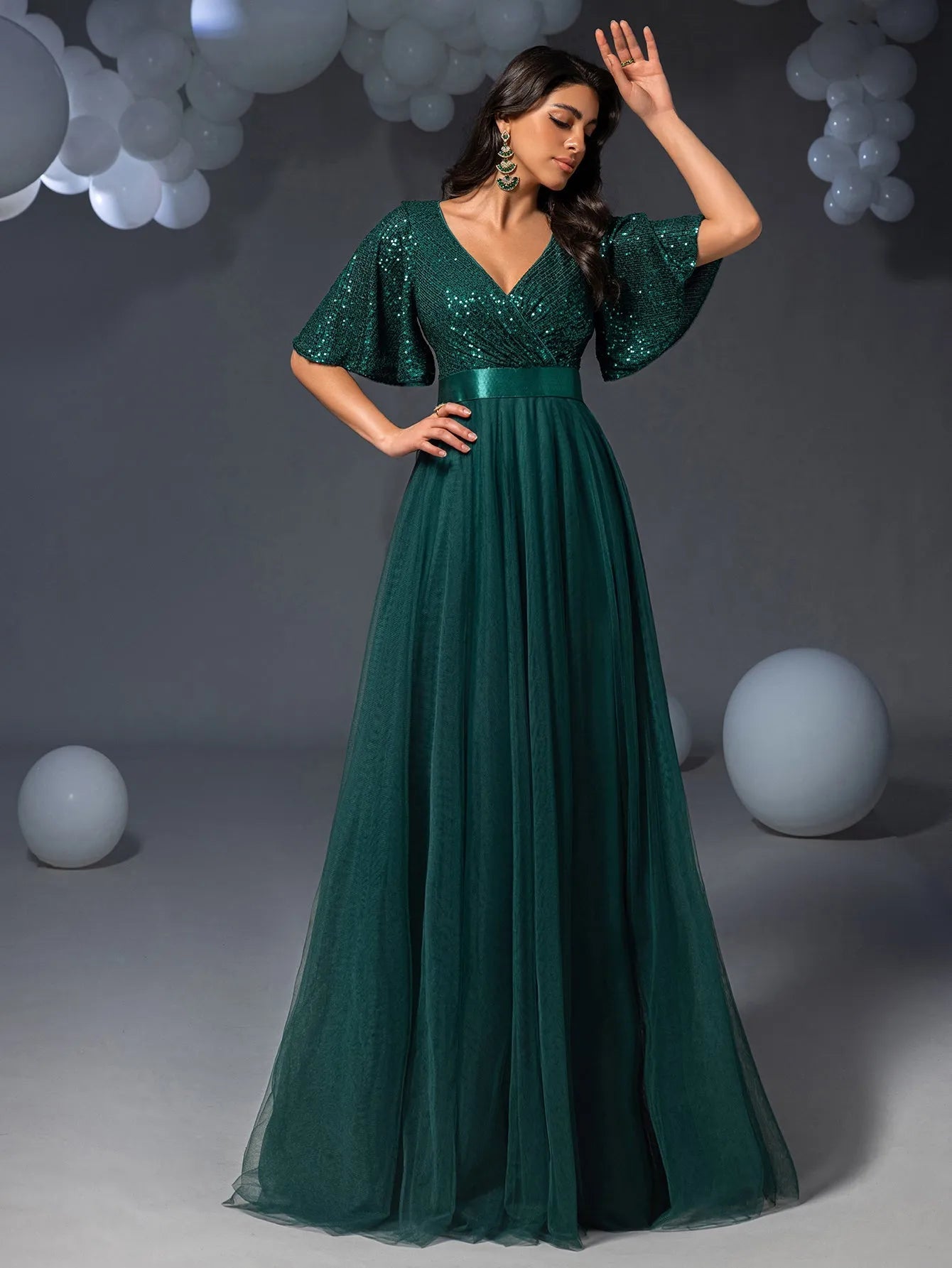 Elegant Surplice Neck Butterfly Sleeves Sequin Party Dress