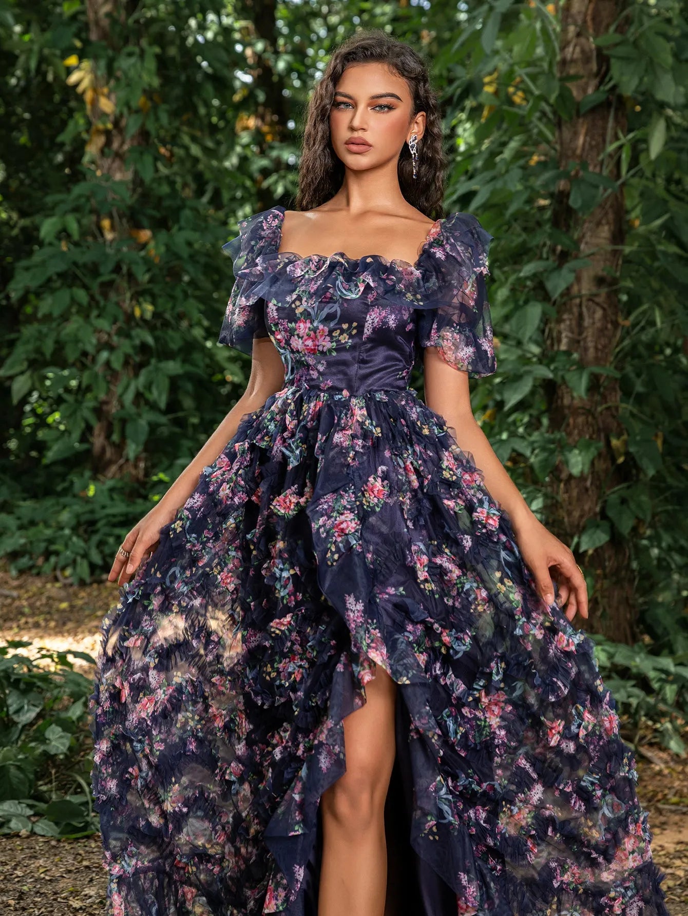 Elegant Ruffle Trim Puff Sleeves Floral Organza Prom Dress