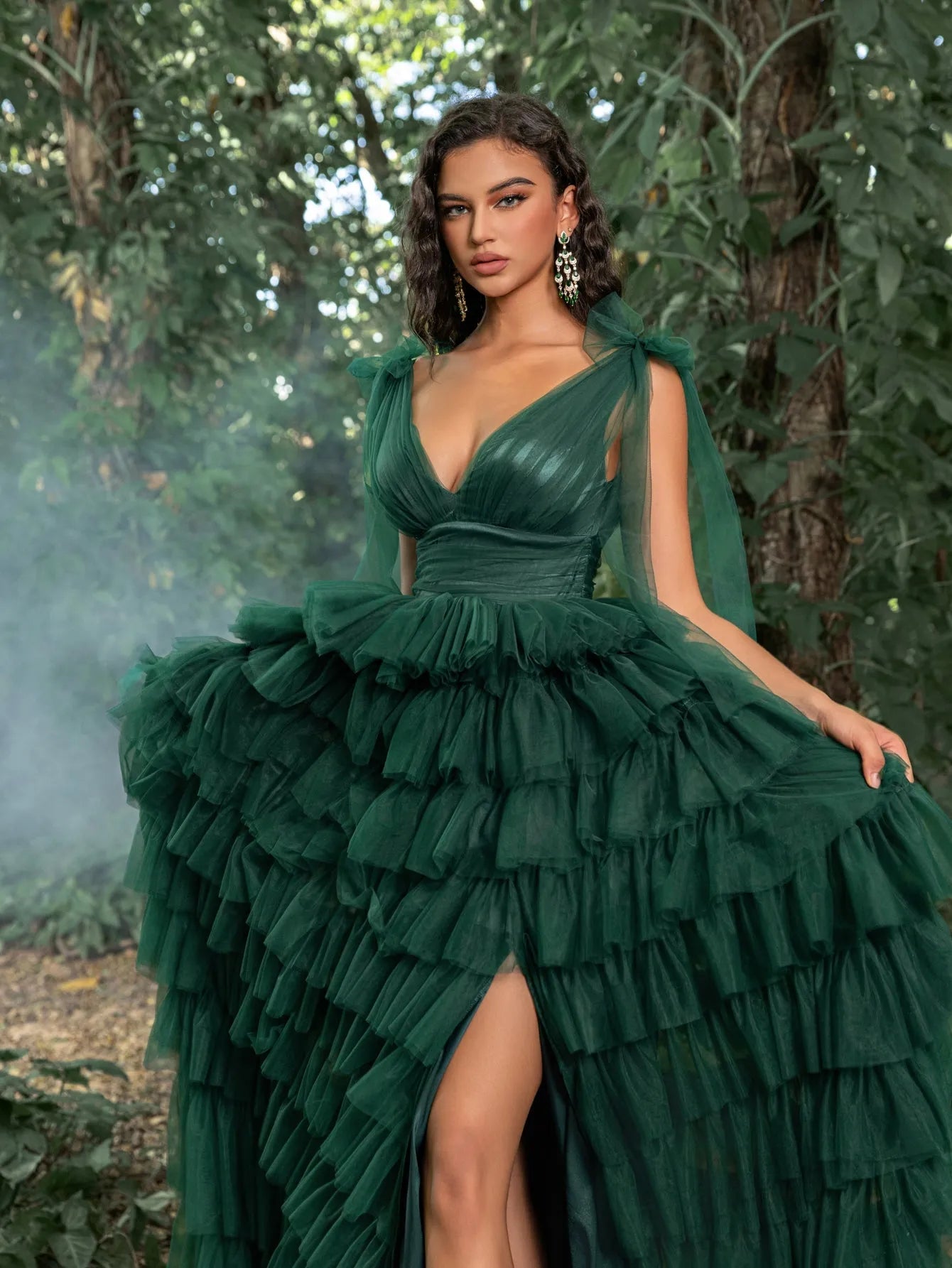 Gorgeous Plunging Neck Backless Cascading Ruffle Tulle Prom Dress