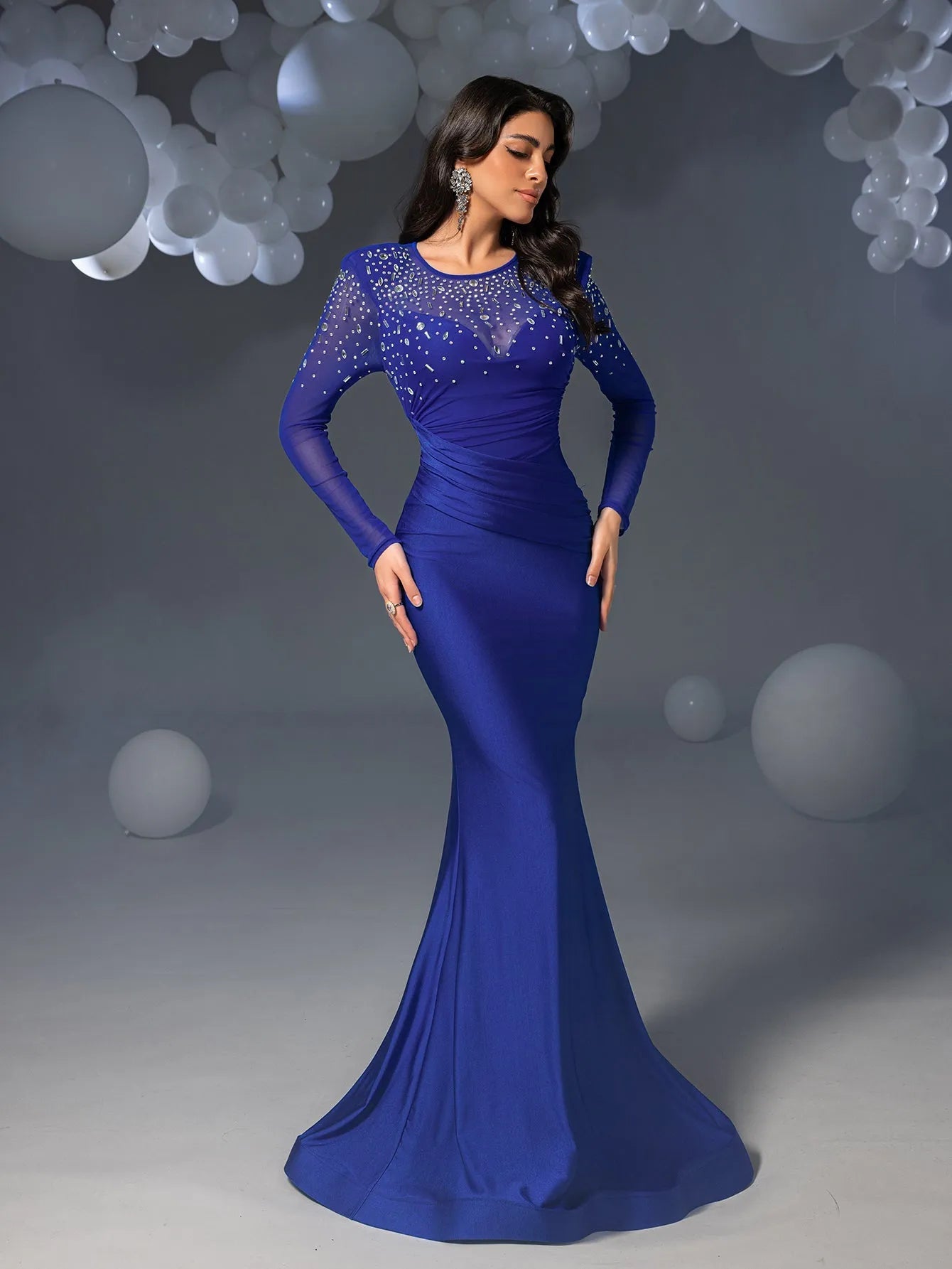 Rhinestone Detail Round Neck Long Sleeves Mermaid Dress