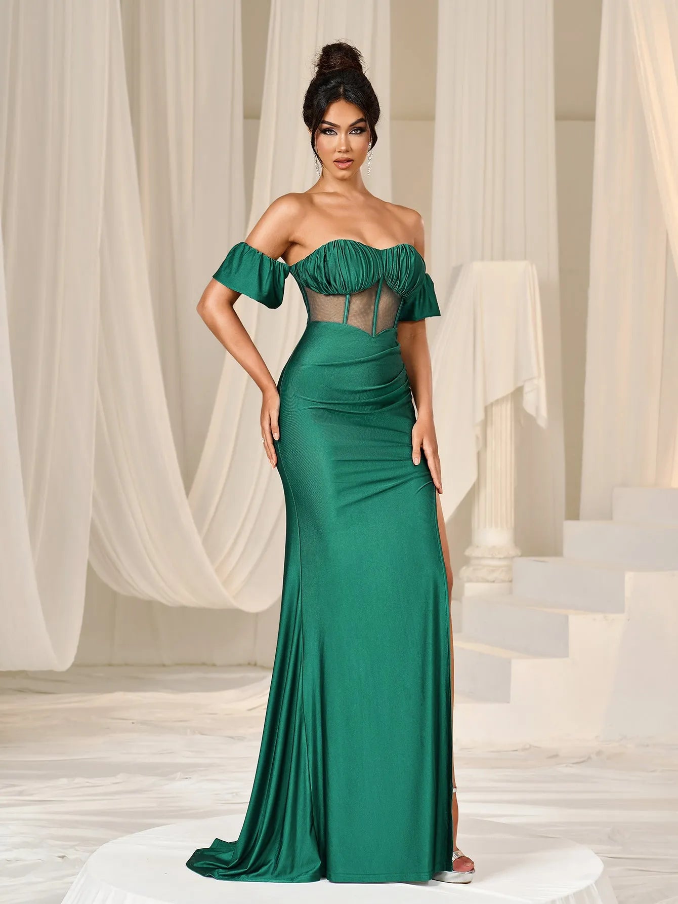 Elegant Off Shoulder Ruched Bust Split Mermaid Hem Evening Dress