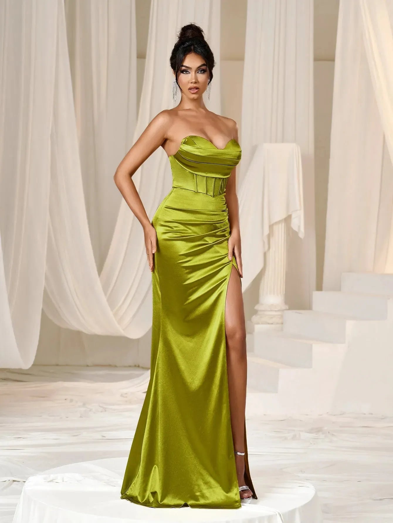 Elegant Strapless Split Thigh Satin Mermaid Maix Party Dress