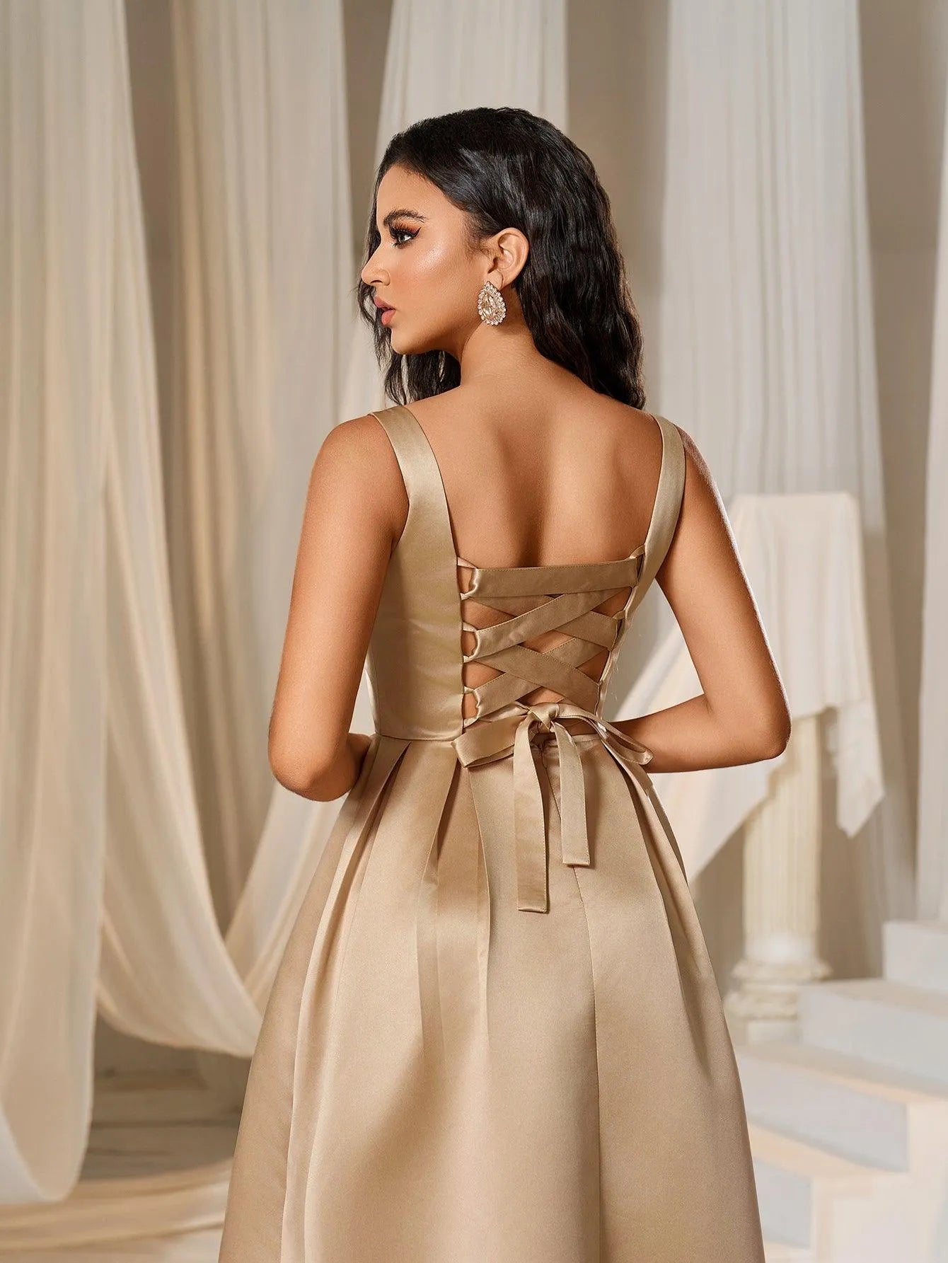 Square Neck Back Lace Up Satin A Line Dresses