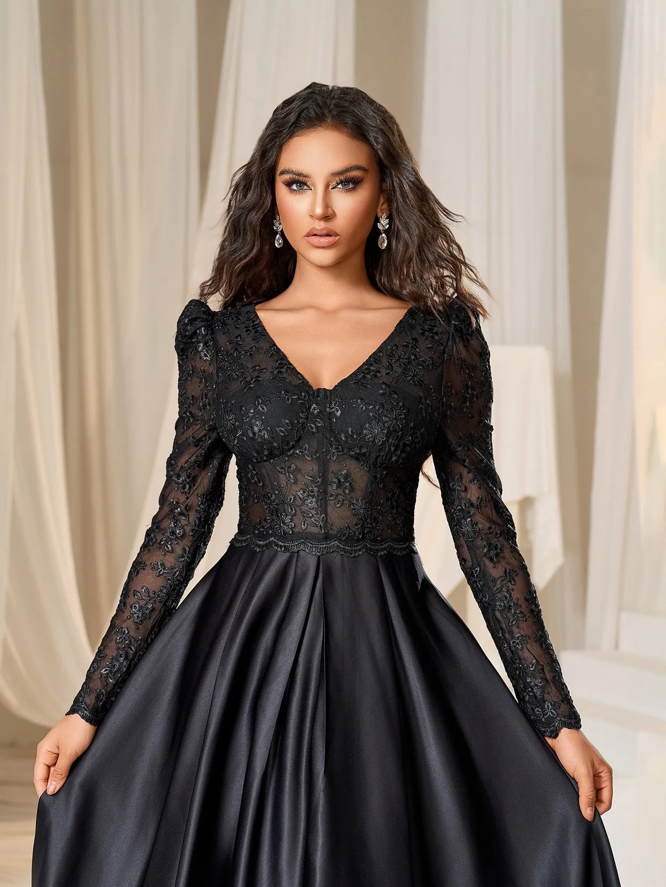 Elegant V Neck Lace Bodice Satin A-line Prom Dress