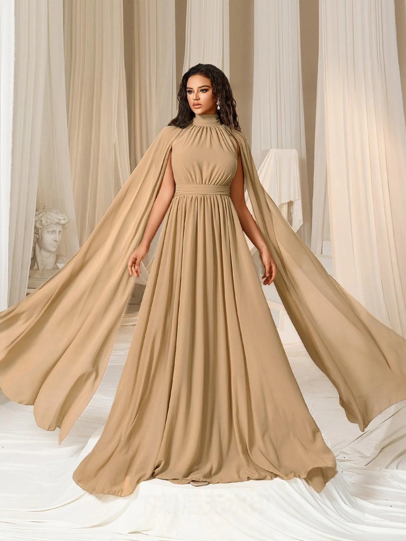 Elegant Mock Neck Cloak Sleeve Chiffon Formal Dress