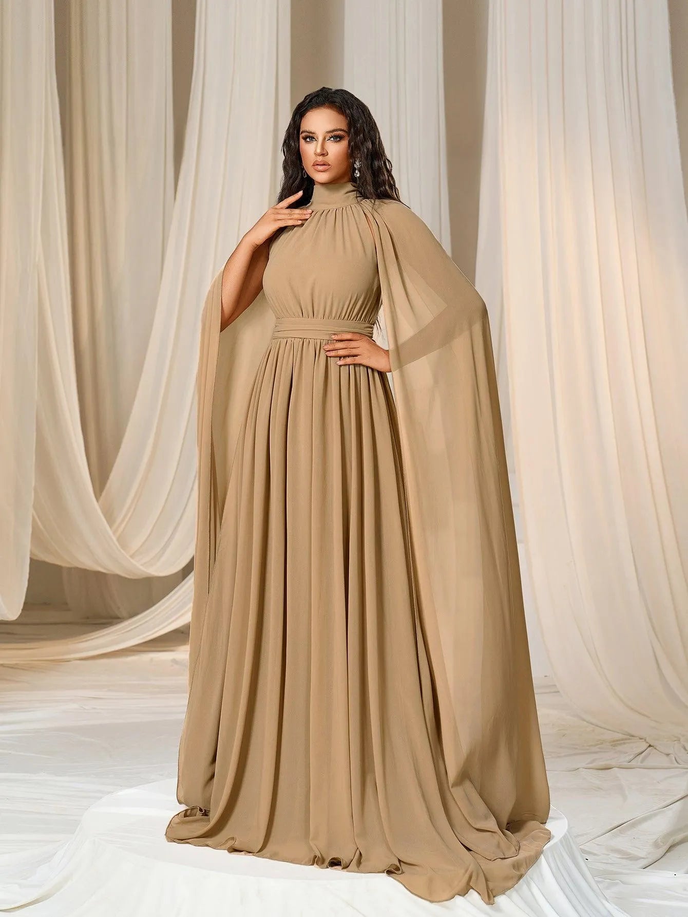 Elegant Mock Neck Cloak Sleeve Chiffon Formal Dress