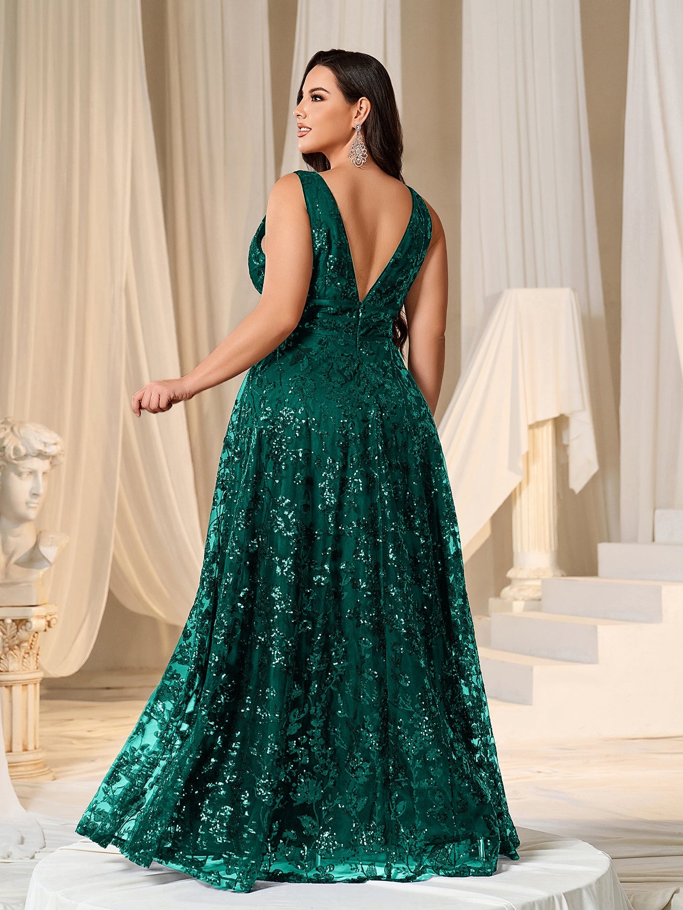 Plus Plunging Meck Backless Floral Sequin Prom Dress