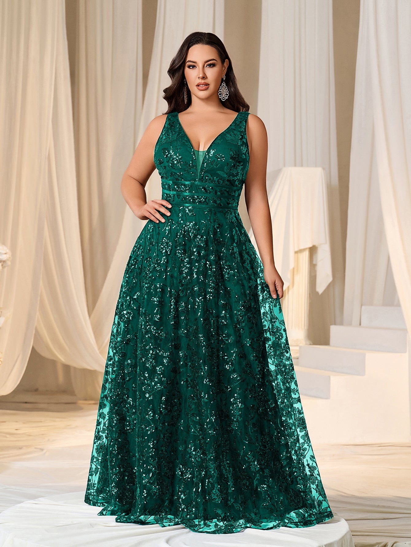 Plus Plunging Meck Backless Floral Sequin Prom Dress