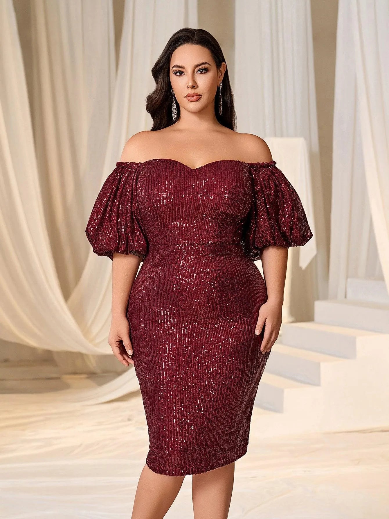 Plus Off Shoulder Puff Sleeves Sequin Midi Dress