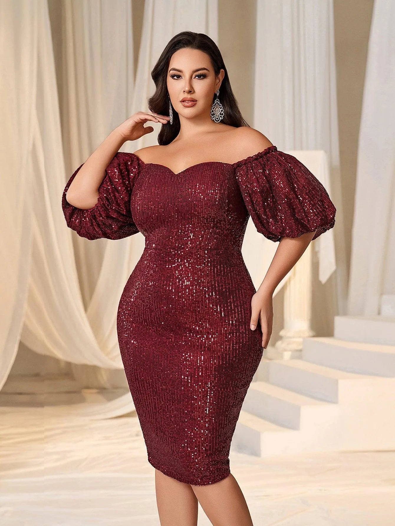 Plus Off Shoulder Puff Sleeves Sequin Midi Dress