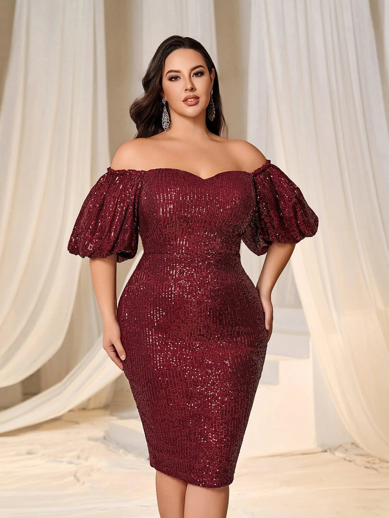 Plus Off Shoulder Puff Sleeves Sequin Midi Dress