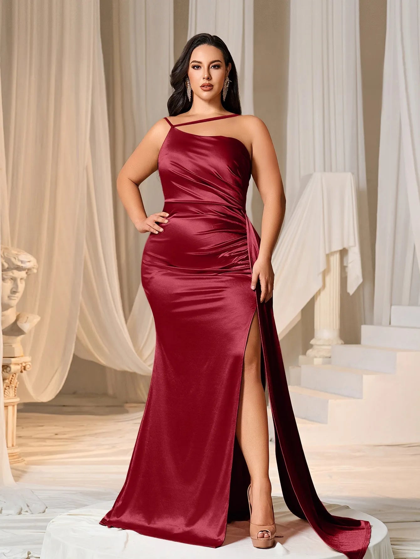 Plus Asymmetric Neckline Satin Mermaid Party Dress