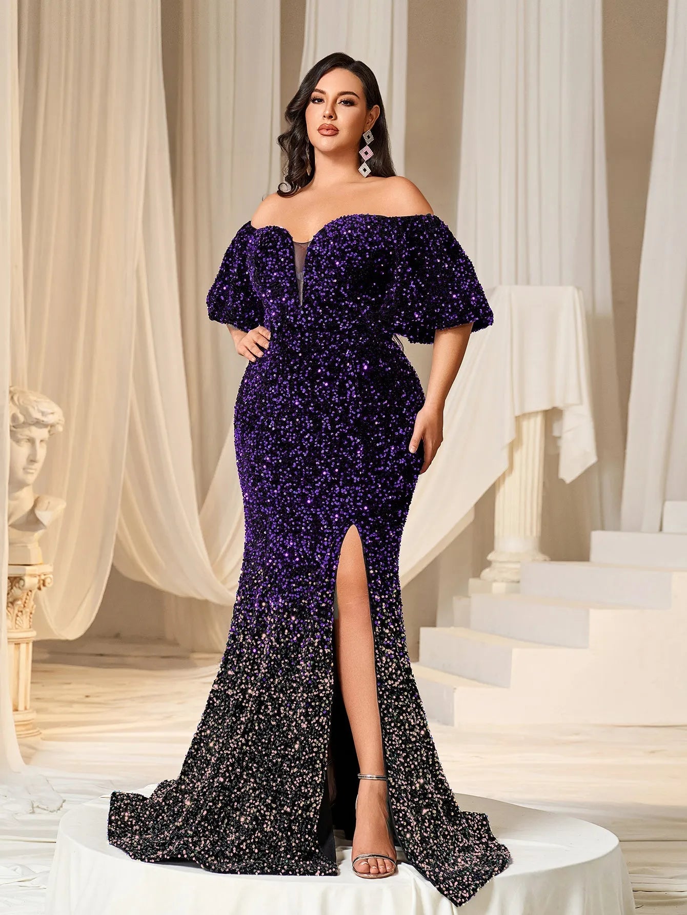 Plus Off Shoulder Puff Sleeves Ombre Sequin Mermaid Dress