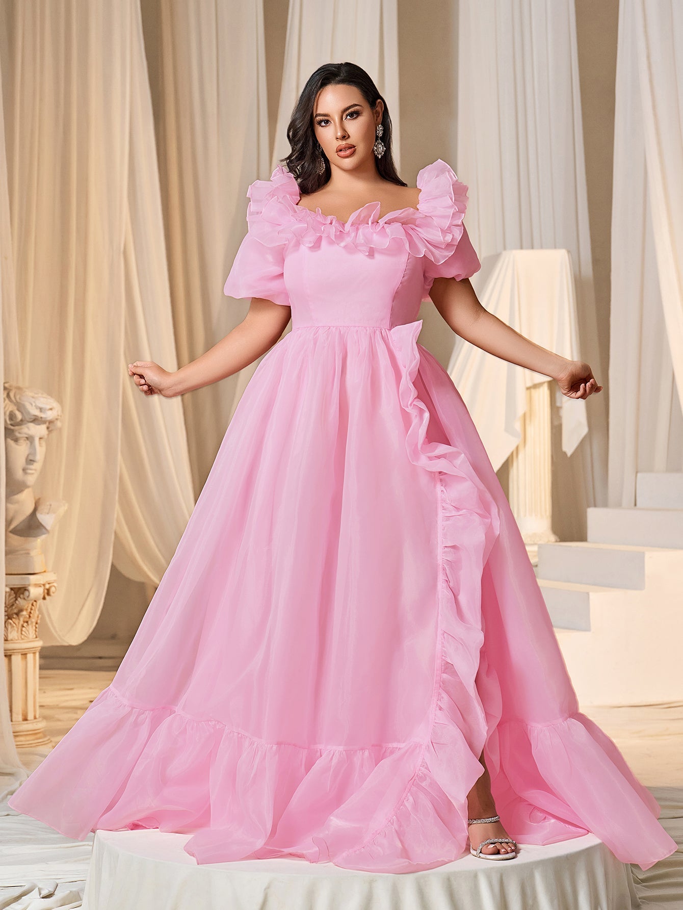 Plus Square Collar Ruffle Trim Puff Sleeves Organza Prom Dress