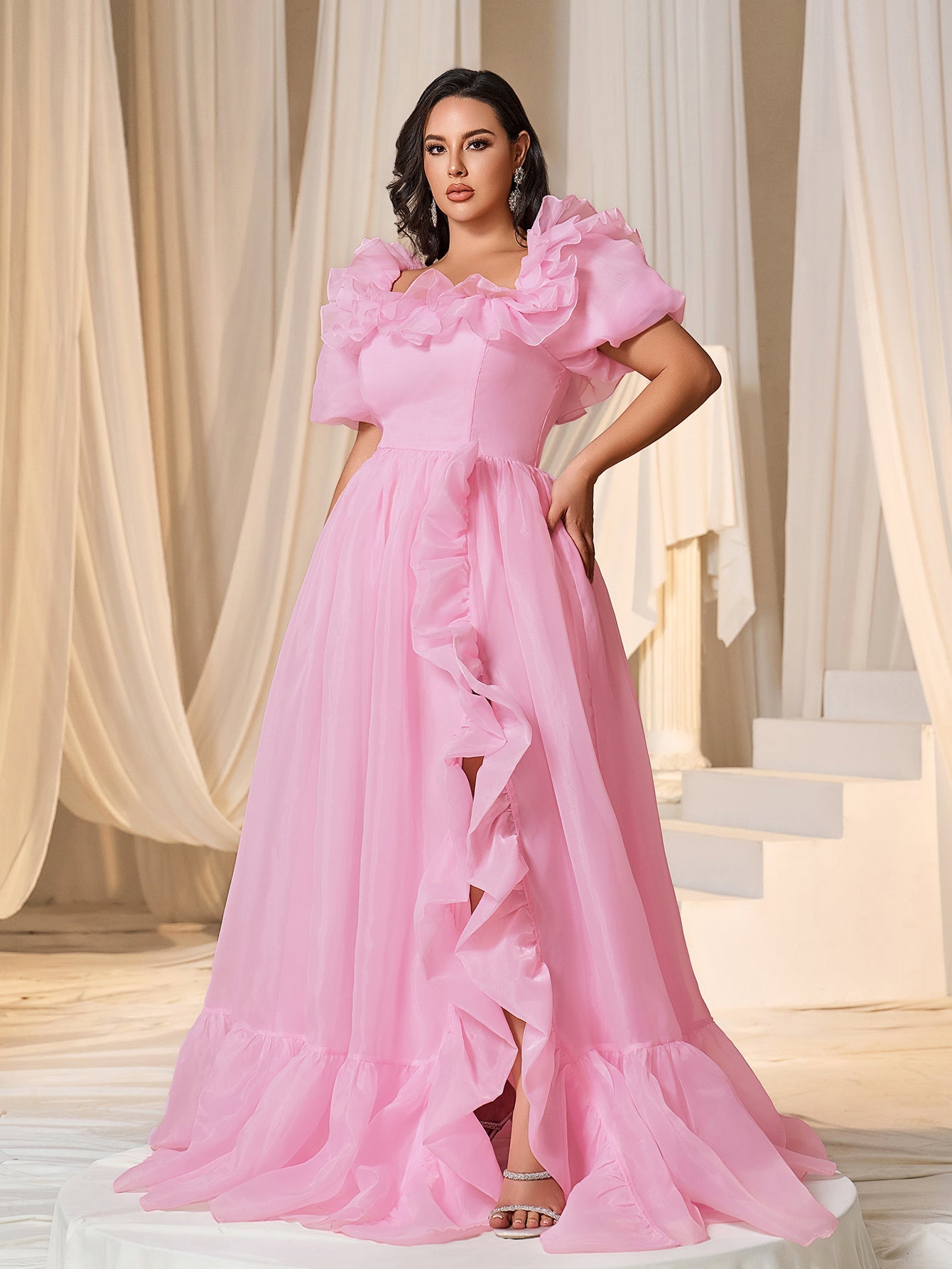 Plus Square Collar Ruffle Trim Puff Sleeves Organza Prom Dress