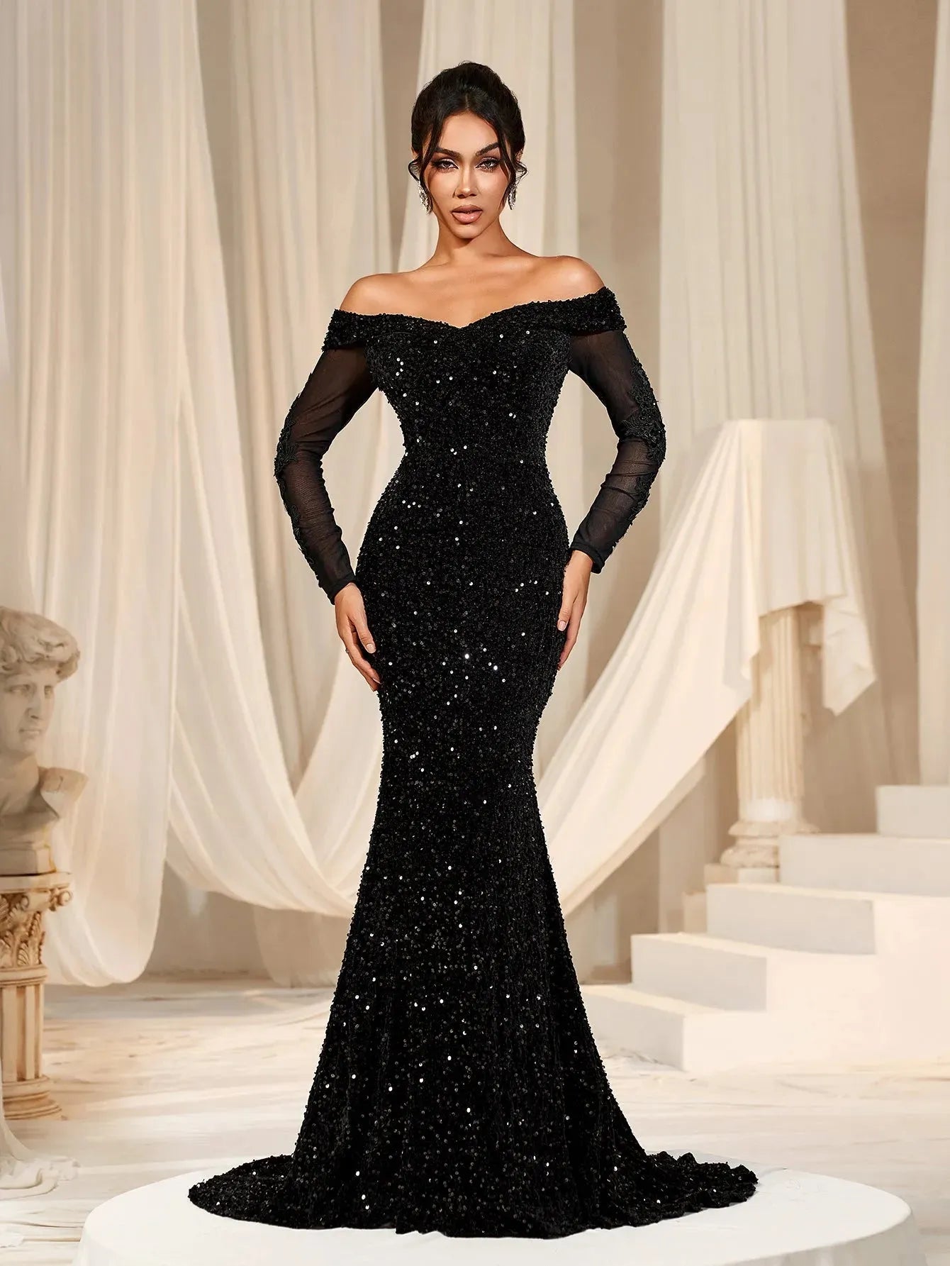 Gorgeous Off Shoulder Mermaid Hem Sequin Evening Dress