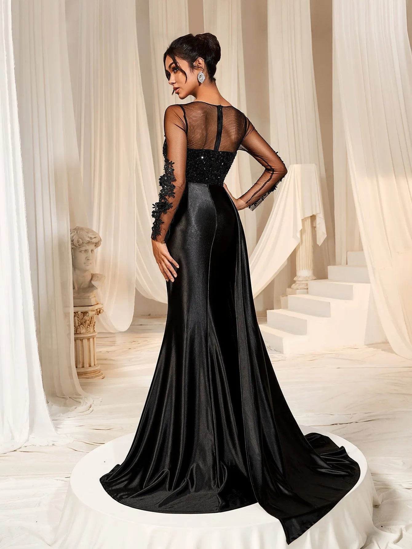 Elegant Sequin Bodice Sheer Sleeves Mermaid Hem Satin Evening Dress