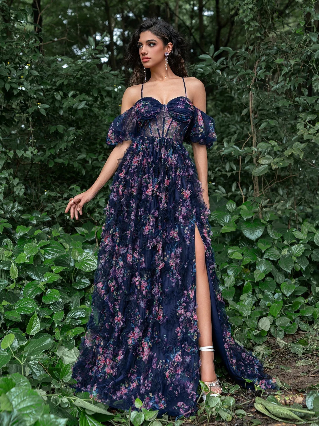 Floral Tulle Off Shoulder Cascading Ruffle Hem Slip Prom Dress