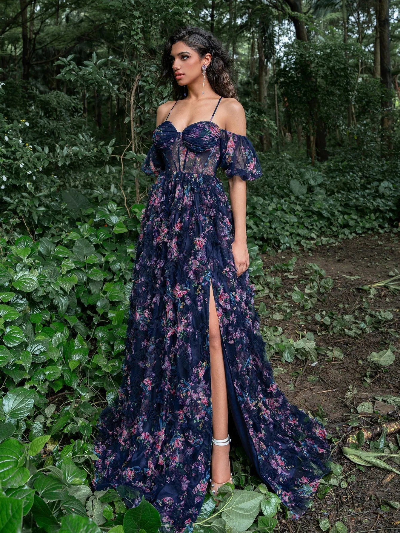 Floral Tulle Off Shoulder Cascading Ruffle Hem Slip Prom Dress