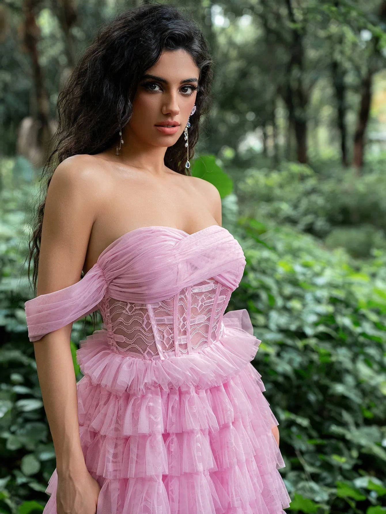 Gorgeous Off-Shoulder Bodice Cascading Ruffle Hem Prom Dress