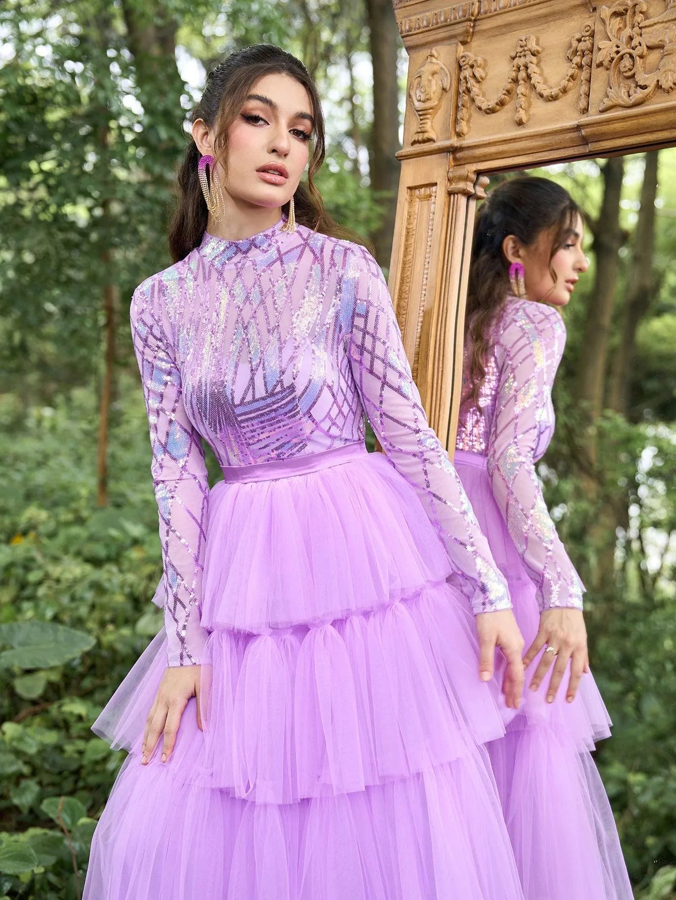 Gorgeous Mock Neck Graphic Sequin Bodice Cascading Ruffle Hem Prom Dress