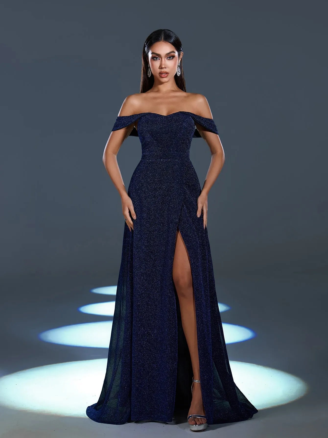 Glitter Off Shoulder A Line Split Thigh Evening Dress