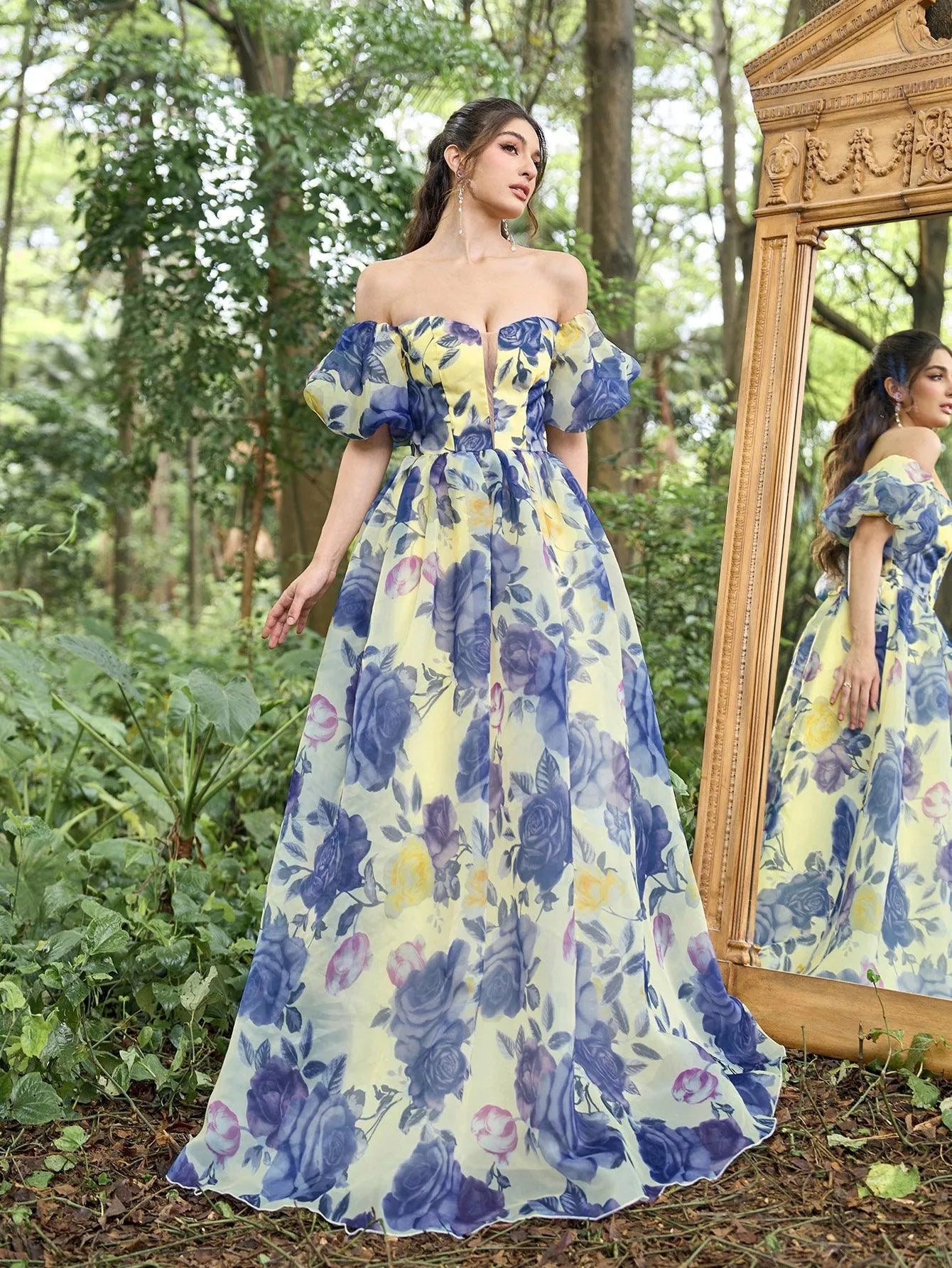 Elegant Floral Organza Off Shoulder Puff Sleeves Evening Dress