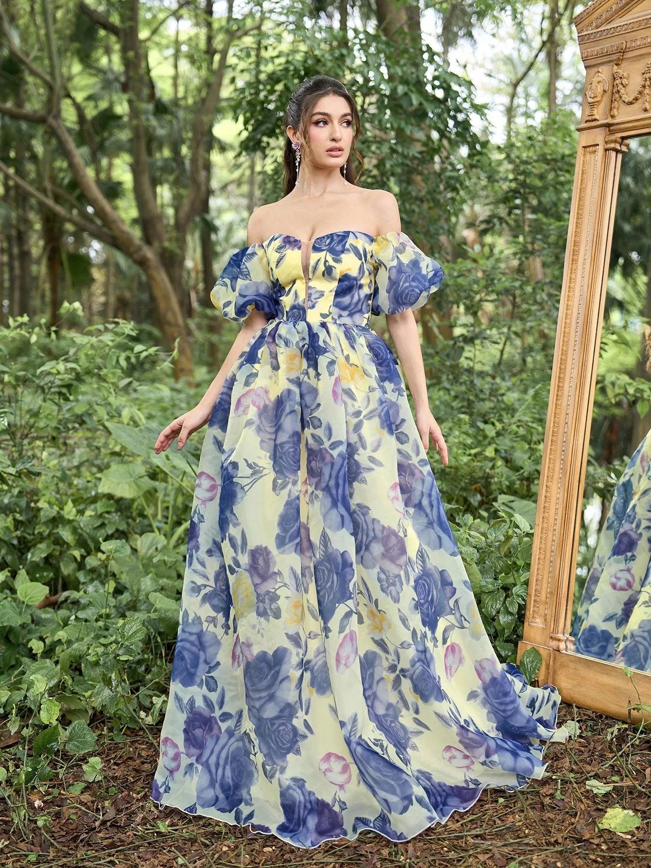 Elegant Floral Organza Off Shoulder Puff Sleeves Evening Dress