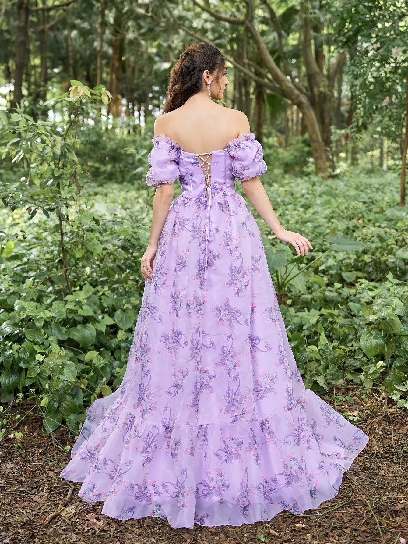 Elegant Sweetheart Neck Ruffle Trim Puff Sleeves Floral Organza Prom Dress