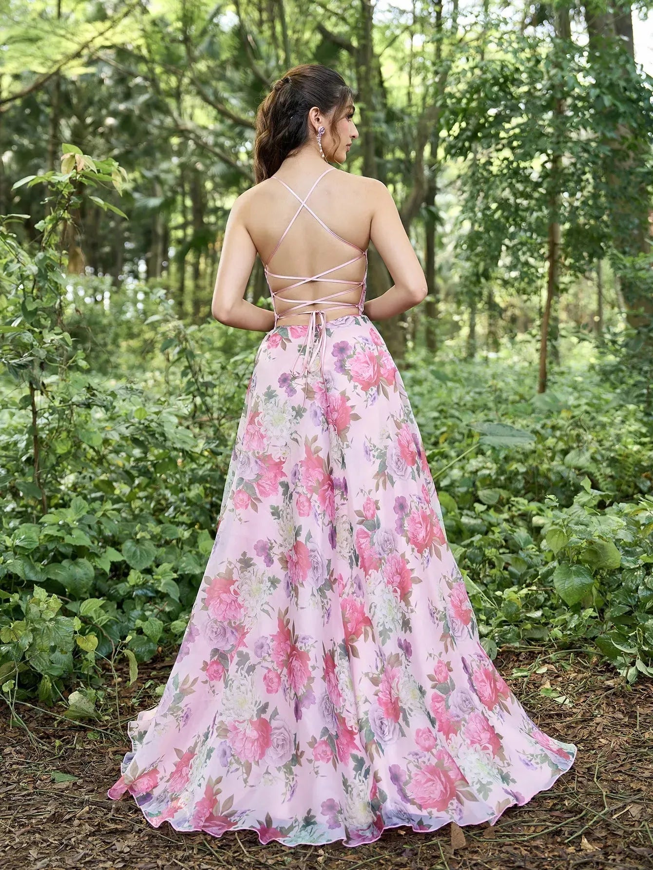 Elegant Lace Up Backless Floral Printed Organza Slip Prom Dress