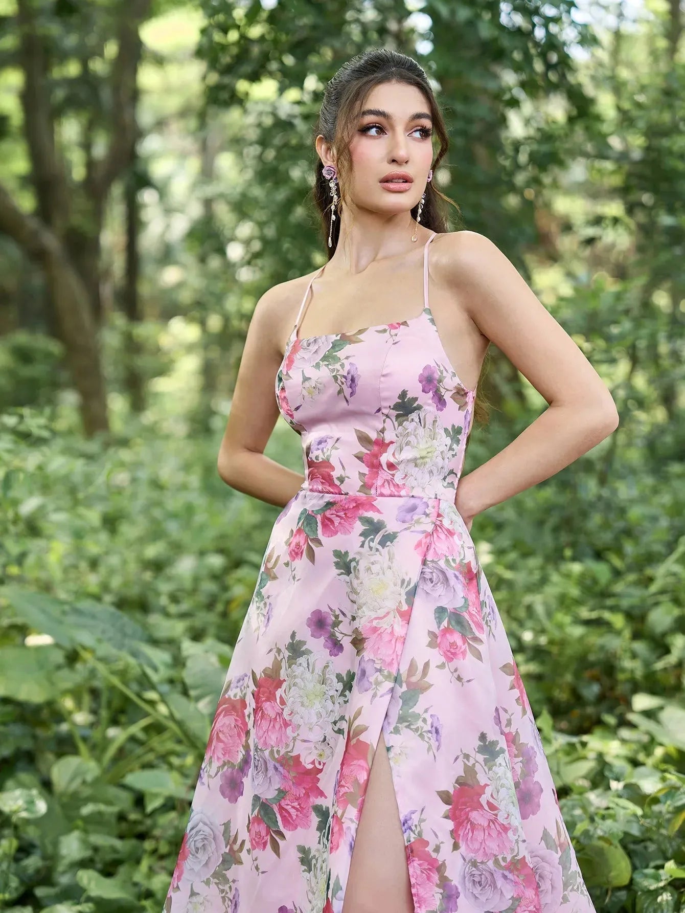 Elegant Lace Up Backless Floral Printed Organza Slip Prom Dress