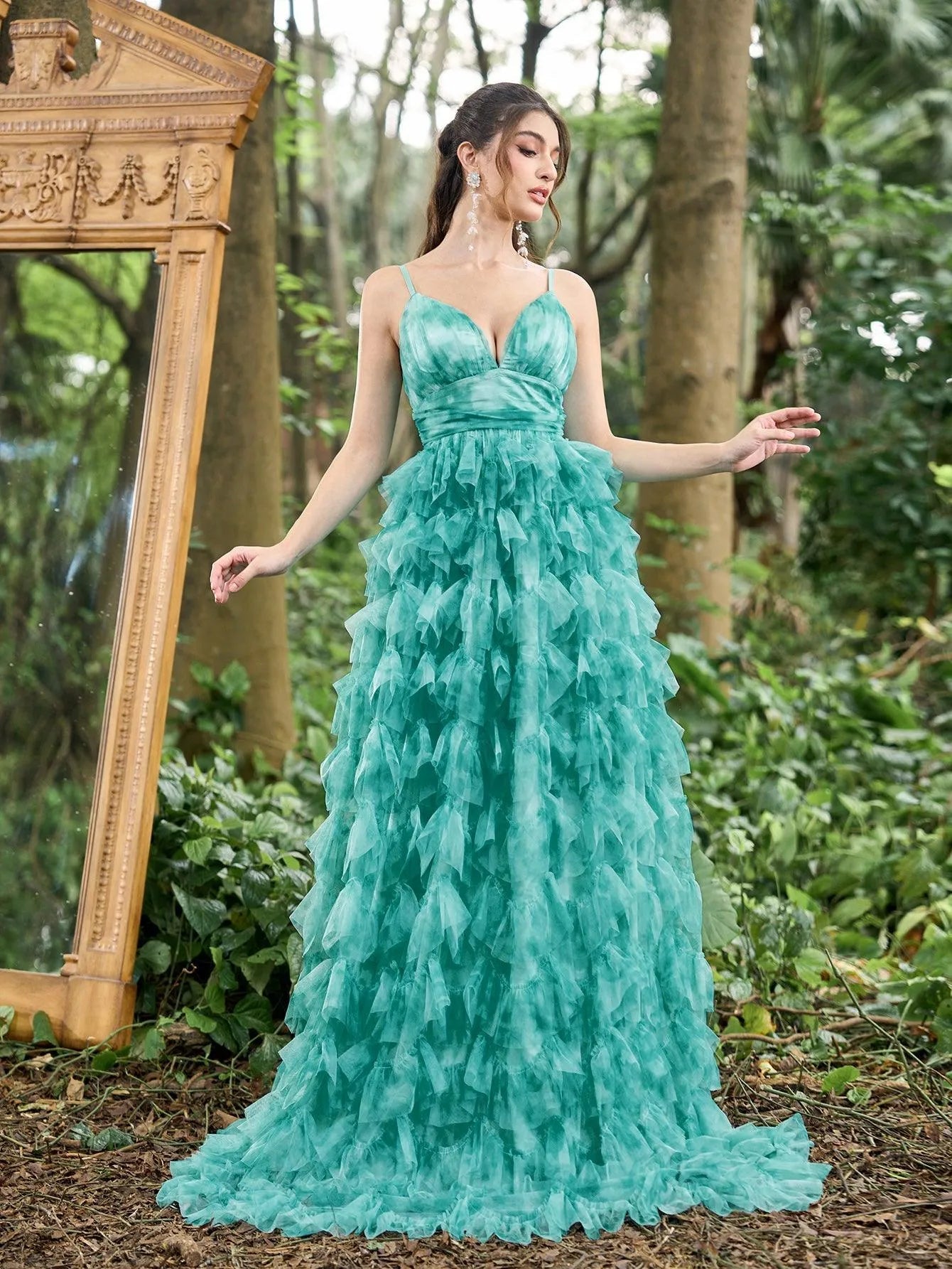 Elegant Plunging Neck Ruffle Layered Hem Floral Tulle Slip Prom Dress