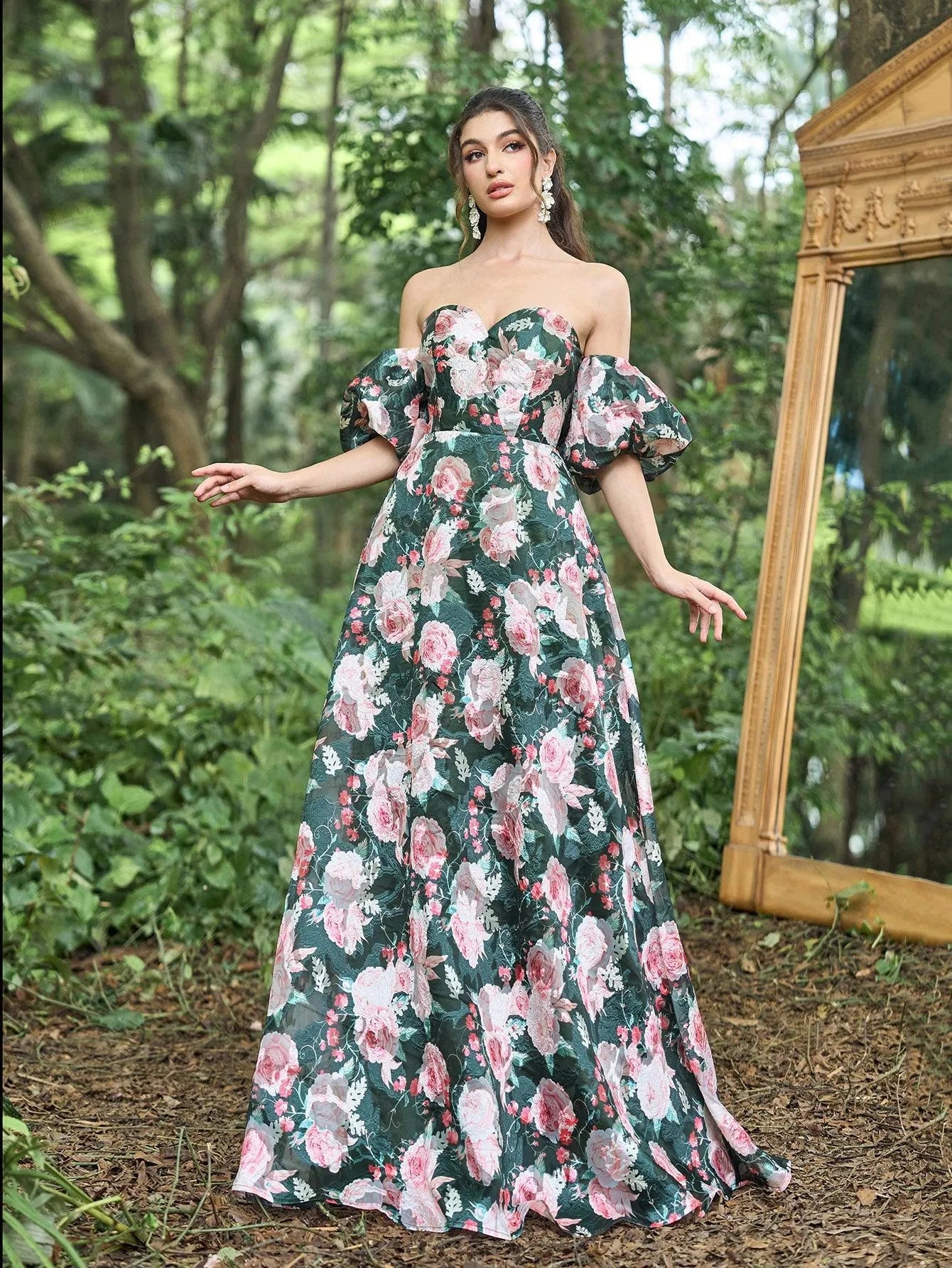 Floral Jacquard Off Shoulder Puff Sleeves Prom Dress