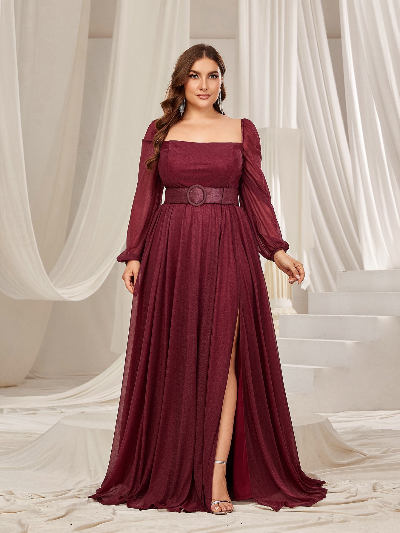 Plus Square Neck Lantern Sleeves Split Thigh Evening Dress