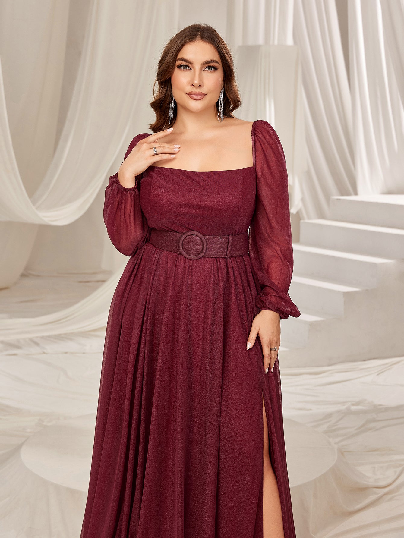 Plus Square Neck Lantern Sleeves Split Thigh Evening Dress