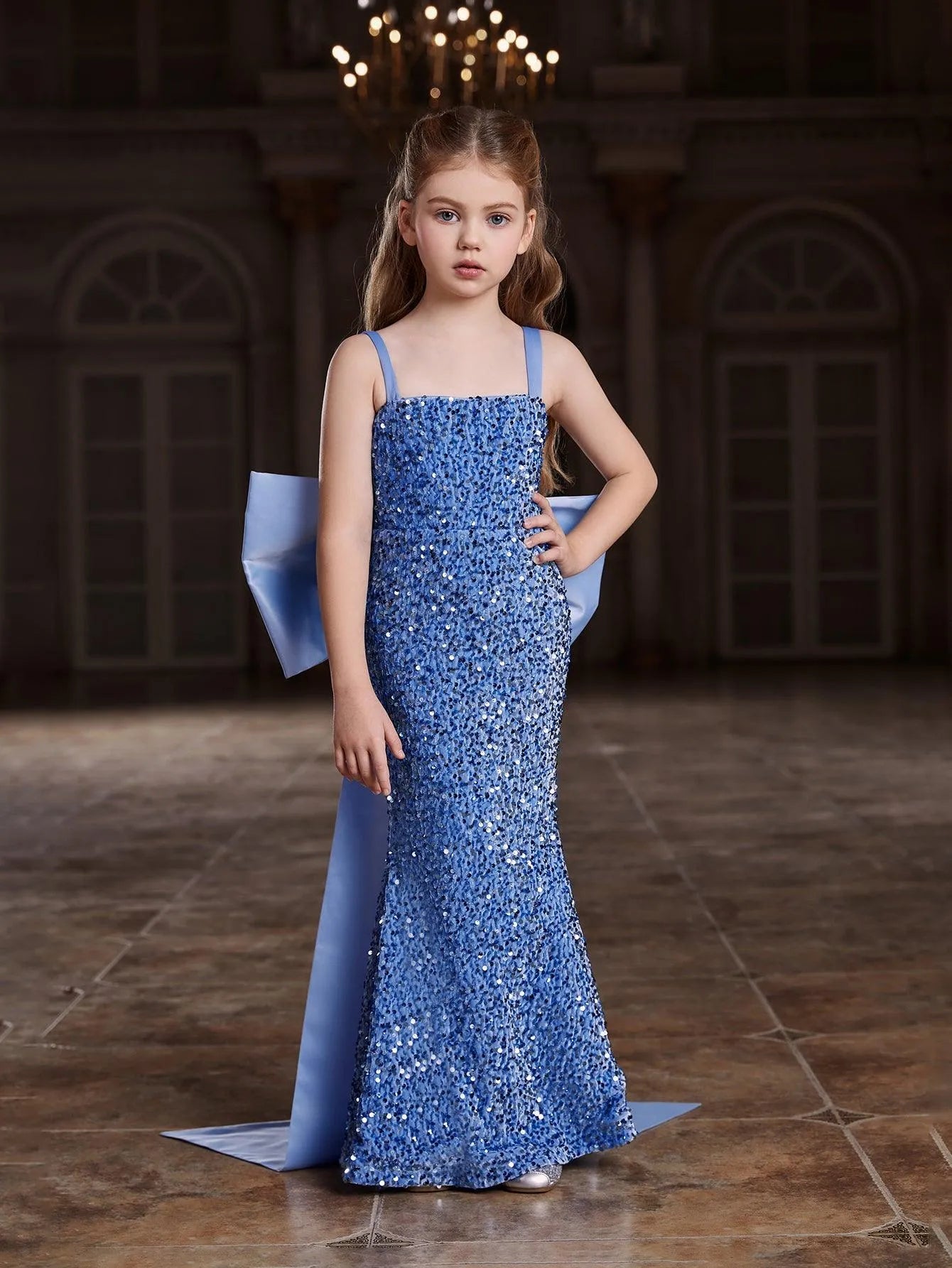 Tween Girls' Square Collar Sequin Mermaid Dress With Big Bow