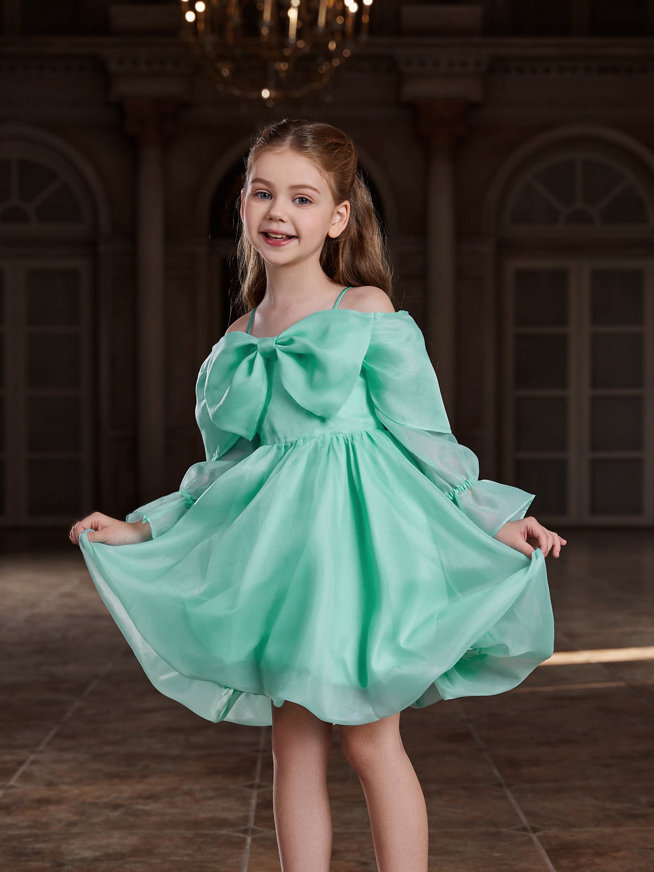 Girl's Off Shoulder Bow Front Puff Dress