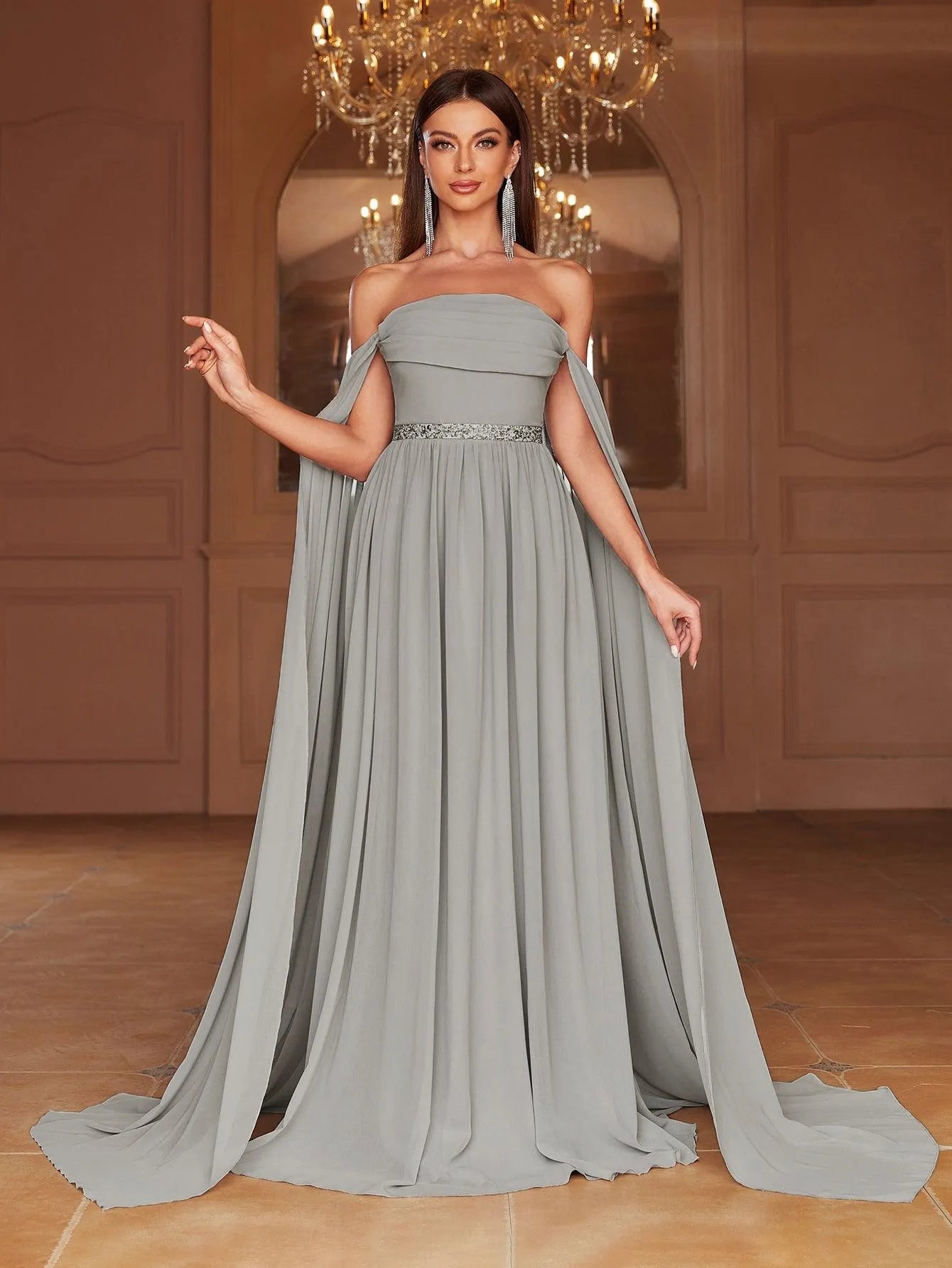 Elegant Off Shoulder Extra-Long Sleeves Chiffon Prom Dress