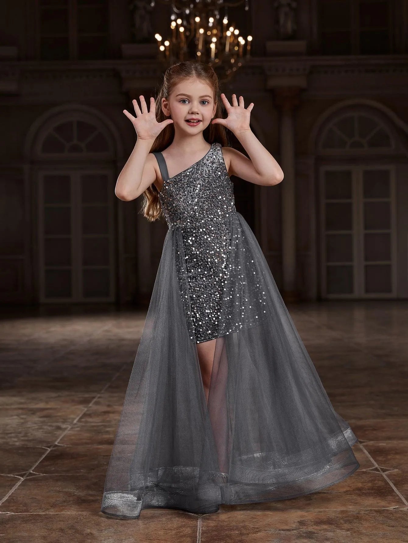 Tween Girls' Asymmetrical Neckline Mesh Overlay Sequin Dress