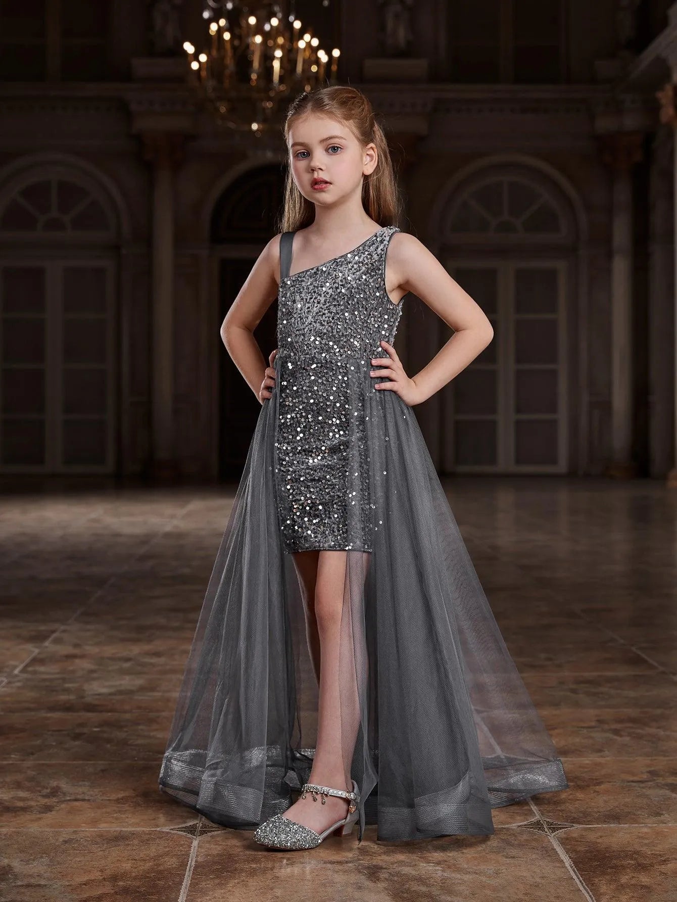 Tween Girls' Asymmetrical Neckline Mesh Overlay Sequin Dress