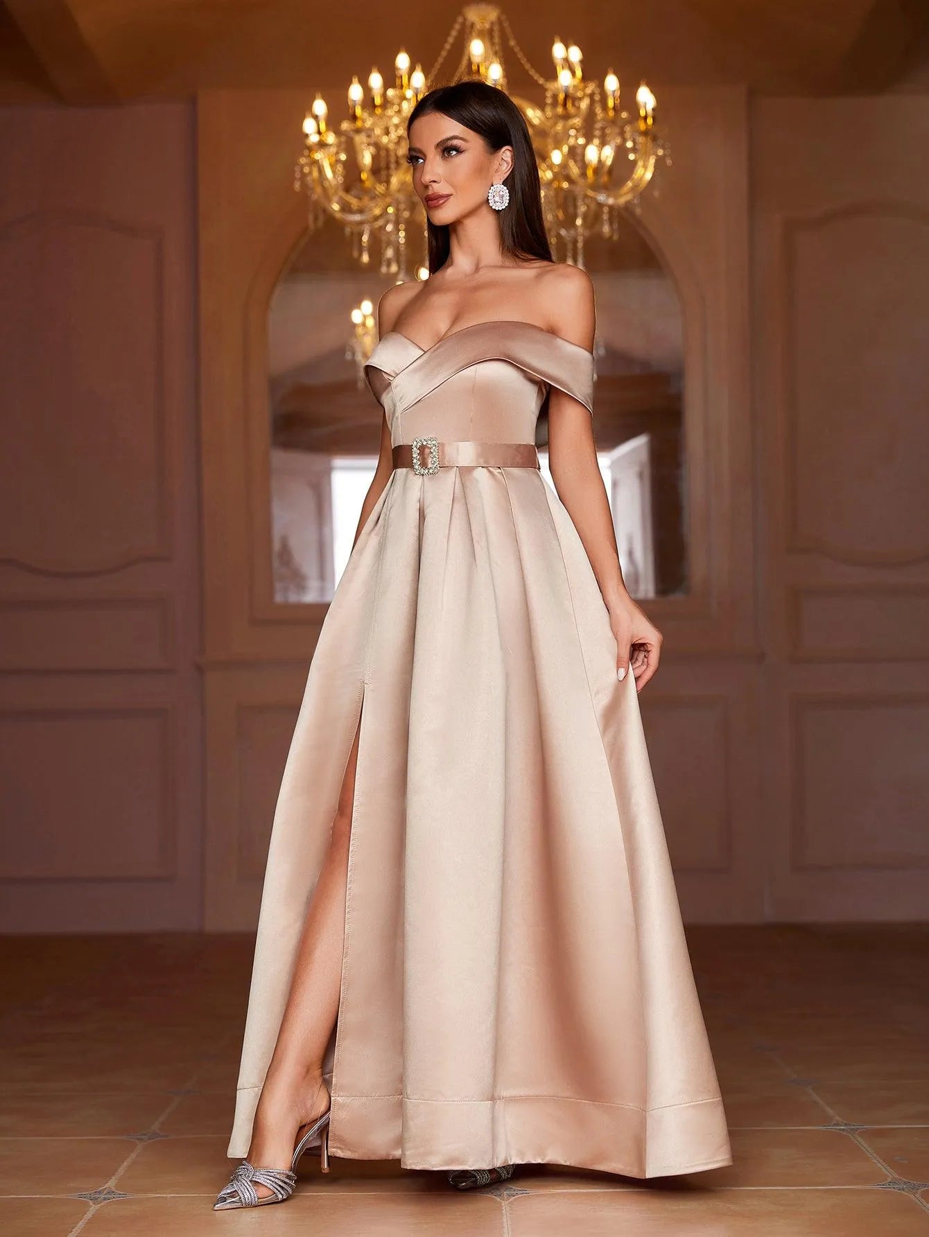 Off Shoulder Buckle Belted Satin Ball Gown