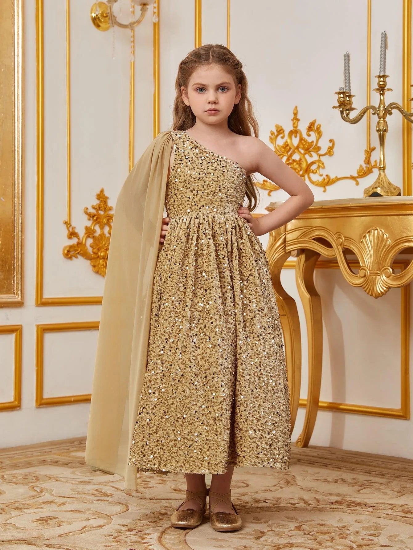 Tween Girls' One Shoulder Draped Side Sequin A-line Dress